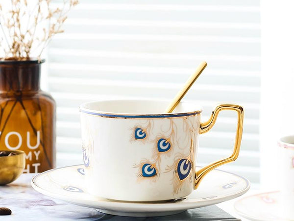 Peacock Tail Pattern Porcelain Coffee Cups, British Tea Cups, Coffee Cups with Gold Trim and Gift Box, Tea Cup and Saucer-Art Painting Canvas