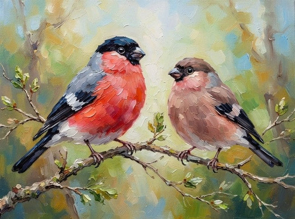 Bullfinch birds Painting, Love Bird Couple Painting, Hand Painted Canvas Art, Original Oil Paintings, Small Canvas Wall Art Paintings, Buy Original Oil Paintings Online