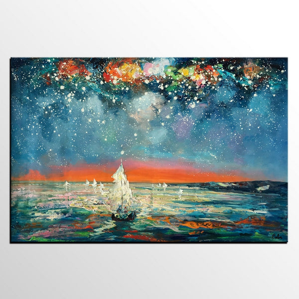 Impasto Art, Heavy Texture Painting, Starry Night Sky, Abstract Landscape Painting, Palette Knife Art, Custom Artwork-Art Painting Canvas