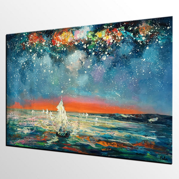 Impasto Art, Heavy Texture Painting, Starry Night Sky, Abstract Landscape Painting, Palette Knife Art, Custom Artwork-Art Painting Canvas