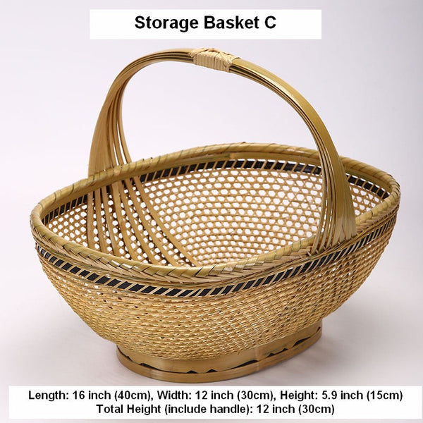 Natural Hand-woven Bamboo Basket, Natural Fruit Basket Kitchen Storage Baskets, Extra Large Picnic Food Basket with Handle, Lovely Bamboo Baskets for Vegetable