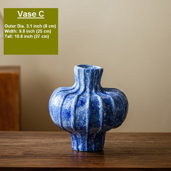 Modern Pottery Flower Vases, Handmade Water Holding Flower Vases, Centerpiece on Dining Table, Blue Ceramic Bud Vases, Tall Flower Vases on Table-Art Painting Canvas