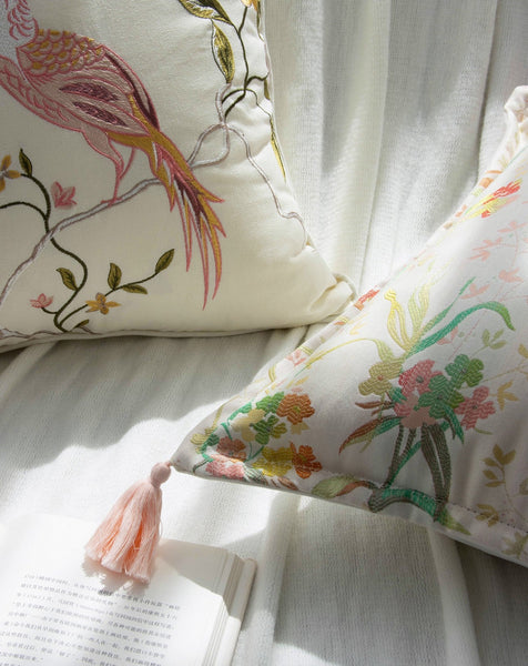 Embroidered Floral Bird Pattern Pillow Covers, Living Room Decorative Pillows, Modern Decorative Cushions, Decorative Pillows for Bed, Decorative Pillow Arrangement Ideas for Interior Design-Art Painting Canvas