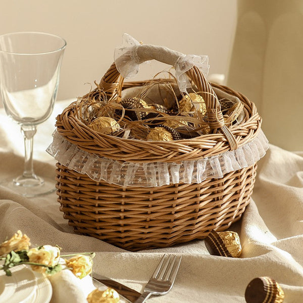 Storage Basket for Kitchen, Picnic Storage Basket with Handle, Hand-woven Wicker Storage Basket, Natural Fruit Basket, Willow Weaving Baskets for Shelves-Art Painting Canvas