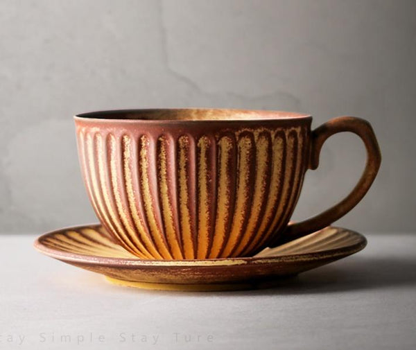 Brown Pottery Coffee Cups, Cappuccino Coffee Mug, Latte Coffee Cup, White Tea Cup, Ceramic Coffee Cup, Coffee Cup and Saucer Set-Art Painting Canvas