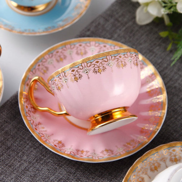 Pink Blue White Porcelain Tea Cup Saucer Set, Unique British Tea Cup and Saucer in Gift Box, Elegant British Ceramic Coffee Cups for Traditional Afternoon Tea-Art Painting Canvas