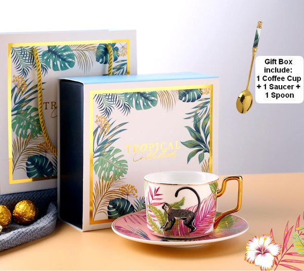 Jungle Animals Porcelain Coffee Cups, Coffee Cups with Gold Trim and Gift Box, 7.4 oz Tea Cup and Saucer-Art Painting Canvas