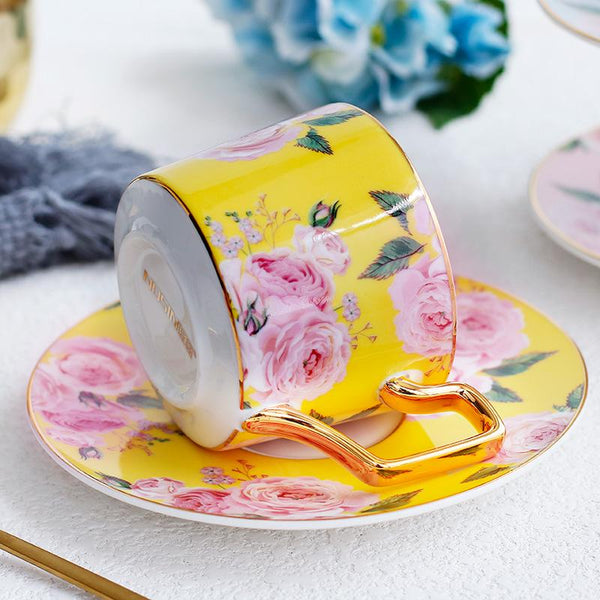 Porcelain Coffee Cups, British Tea Cups, Yellow Coffee Cups with Gold Trim and Gift Box, Rose Flower Tea Cup and Saucer, Latte Coffee Cups-Art Painting Canvas