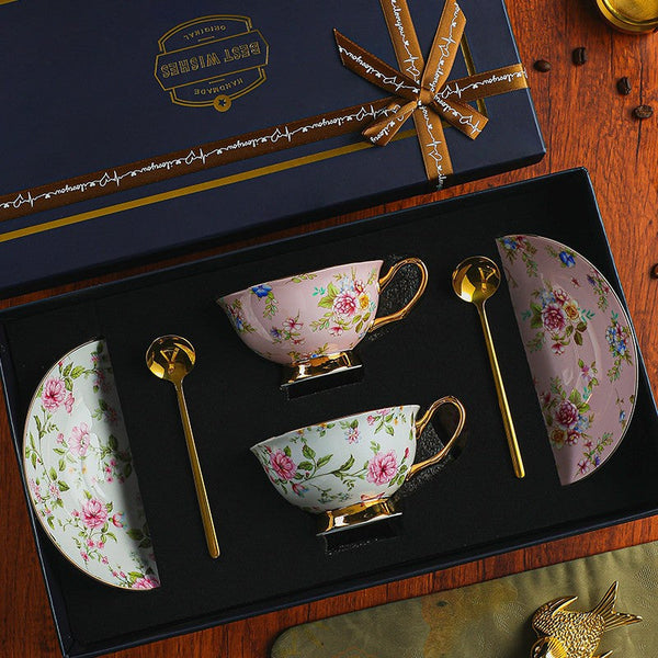 Porcelain Tea Cup Saucer Set of 2 Cups, Flower Tea Cup and Saucer Set in Gift Box, Floral Ceramic Coffee Cup with Saucer, Beautiful British Tea Cup and Saucer-Art Painting Canvas