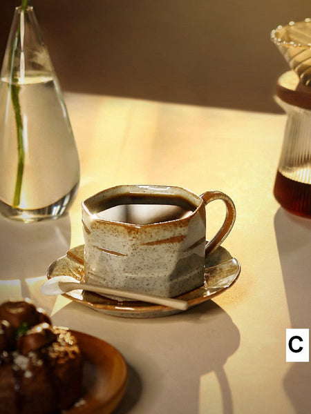 Modern Handmade Pottery Coffee Cup, 8 oz Ceramic Coffee Cup with Saucer, Unique Tea Cup and Saucer, Tea Cup Set for Traditional Afternoon Tea-Art Painting Canvas