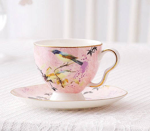 Elegant Pink Ceramic Coffee Cups, Unique Bird Flower Tea Cups and Saucers in Gift Box as Birthday Gift, Beautiful British Tea Cups, Royal Bone China Porcelain Tea Cup Set-Art Painting Canvas