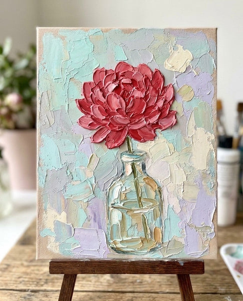 Hand Painted Canvas Artwork, Original Oil Painting on Canvas, Red Peony in Glass Vase, Original Flower Paintings, Small Canvas Artwork for Sale, Impasto Canvas Art