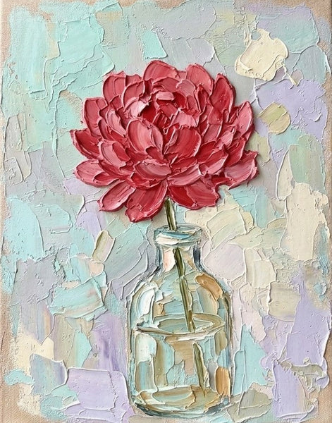 Hand Painted Canvas Artwork, Original Oil Painting on Canvas, Red Peony in Glass Vase, Original Flower Paintings, Small Canvas Artwork for Sale, Impasto Canvas Art