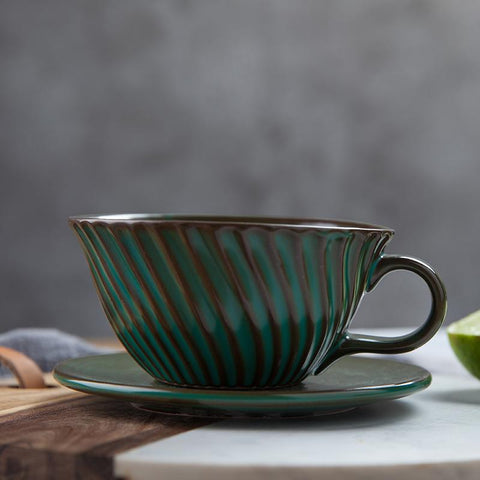 Green Pottery Coffee Cups, Breakfast Milk Cup, Latte Coffee Cup, Ceramic Coffee Cup, Cappuccino Coffee Mug, Coffee Cup and Saucer Set-Art Painting Canvas