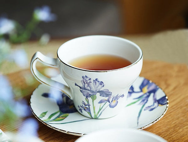 Beautiful Porcelain Tea Cup Saucer Set, Iris Flower British Tea Cups, Traditional English Tea Cup and Saucer, Unique Ceramic Coffee Cups in Gift Box-Art Painting Canvas