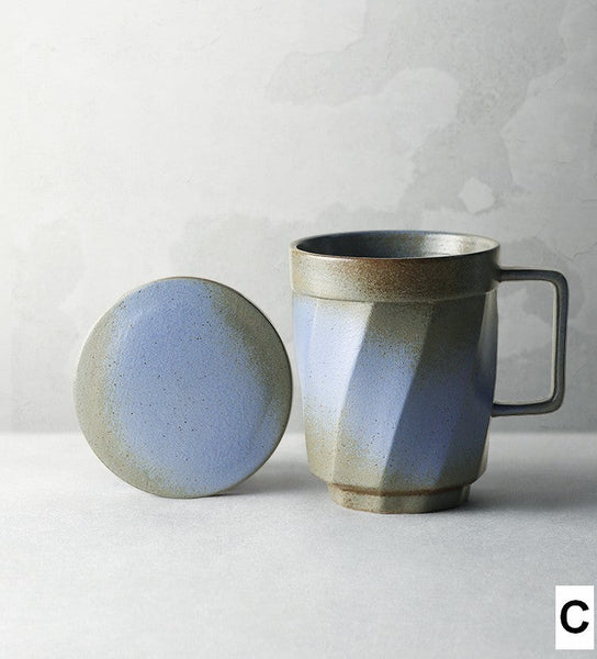 Unique Tea Cup, Large Capacity Coffee Mug with Cover, Large Modern Handmade Pottery Coffee Cup, Creative Brown Green Blue Black Ceramic Coffee Mugs-Art Painting Canvas