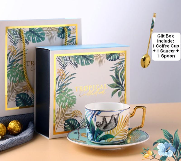 Jungle Animals Porcelain Coffee Cups, Coffee Cups with Gold Trim and Gift Box, 7.4 oz Tea Cup and Saucer-Art Painting Canvas