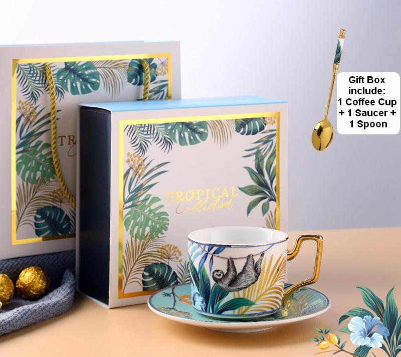 Elegant Porcelain Coffee Cups, Coffee Cups with Gold Trim and Gift Box, Tea Cups and Saucers, Jungle Animal Porcelain Coffee Cups-Art Painting Canvas