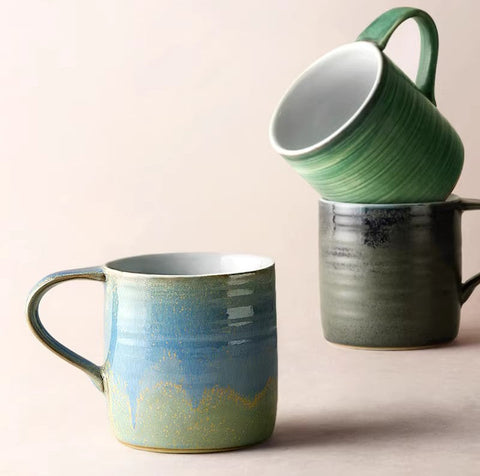Blue Green Black Ceramic Coffee Mugs, Creative Handmade Coffee Mugs, Large Modern Handmade Pottery Coffee Cup, Large Capacity Coffee Mugs-Art Painting Canvas