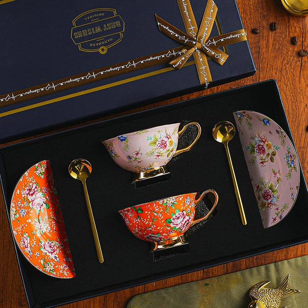Porcelain Tea Cup Saucer Set of 2 Cups, Floral Ceramic Coffee Cup with Saucer, Beautiful British Tea Cup and Saucer, Flower Tea Cup and Saucer Set in Gift Box-Art Painting Canvas
