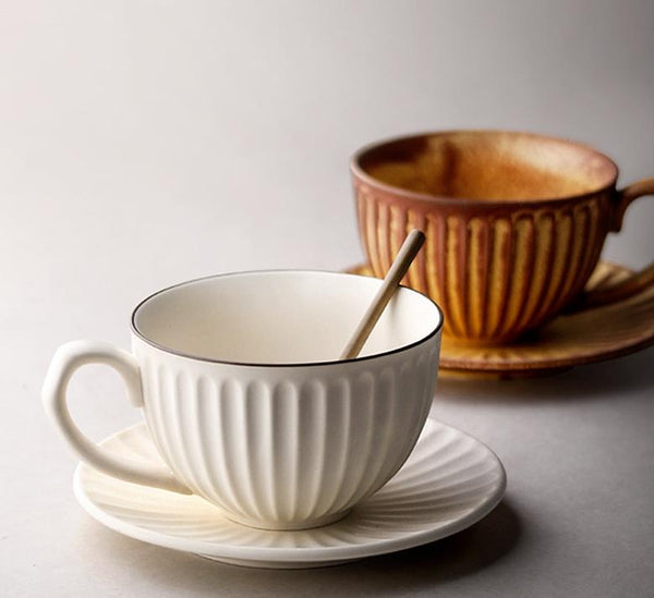 Brown Pottery Coffee Cups, Cappuccino Coffee Mug, Latte Coffee Cup, White Tea Cup, Ceramic Coffee Cup, Coffee Cup and Saucer Set-Art Painting Canvas