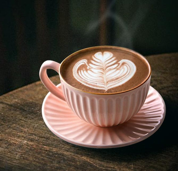 White Pottery Coffee Cups, Cappuccino Coffee Mug, Latte Coffee Cup, Pink Tea Cup, Ceramic Coffee Cup, Coffee Cup and Saucer Set-Art Painting Canvas