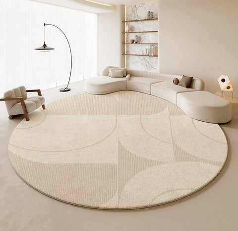 Geometric Circular Rugs for Dining Room, Cream Color Contemporary Modern Rugs, Modern Rugs under Coffee Table, Abstract Modern Round Rugs for Bedroom-Art Painting Canvas