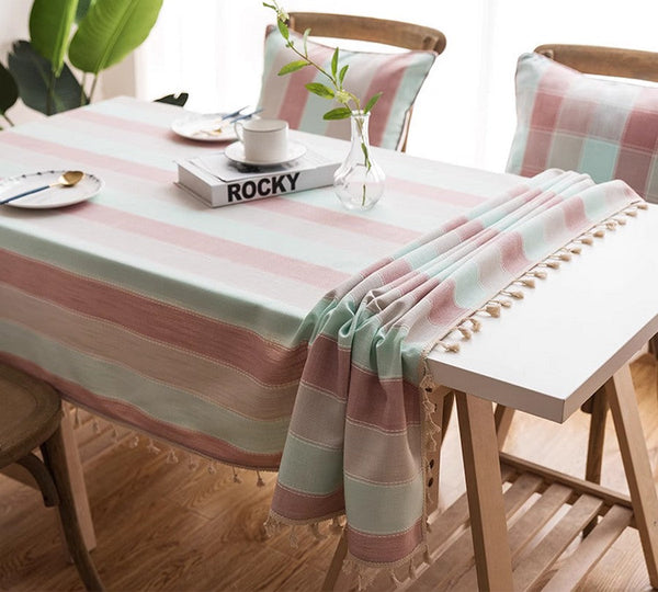 Rectangular Tablecloth for Oval Table, Rectangular Table Covers for Coffee Table, Pink Stripe Cotton and Linen Tablecloths, Modern Table Cloths for Dining Room-Art Painting Canvas