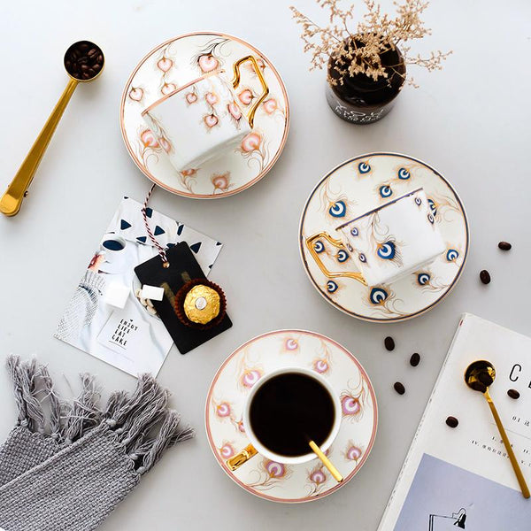 Peacock Tail Pattern Porcelain Coffee Cups, British Tea Cups, Coffee Cups with Gold Trim and Gift Box, Tea Cups and Saucers-Art Painting Canvas