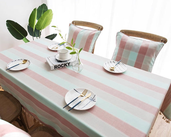 Rectangular Tablecloth for Oval Table, Rectangular Table Covers for Coffee Table, Pink Stripe Cotton and Linen Tablecloths, Modern Table Cloths for Dining Room-Art Painting Canvas