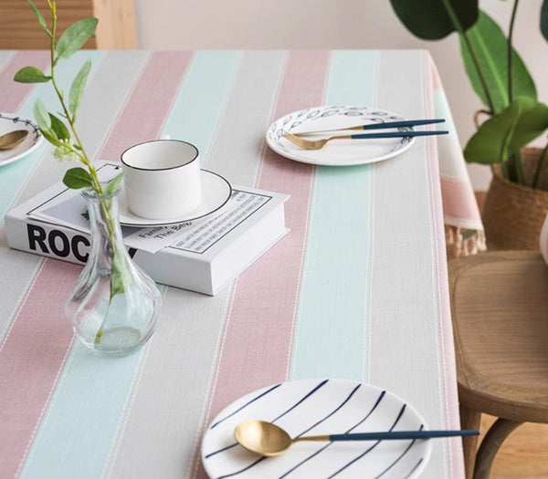 Pink Stripe Cotton and Linen Tablecloths, Rectangular Tablecloth for Oval Table, Rectangular Table Covers for Coffee Table, Modern Table Cloths for Dining Room-Art Painting Canvas