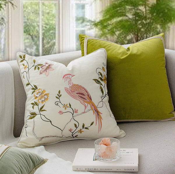 Embroidered Floral Bird Pattern Pillow Covers, Living Room Decorative Pillows, Modern Decorative Cushions, Decorative Pillows for Bed, Decorative Pillow Arrangement Ideas for Interior Design-Art Painting Canvas