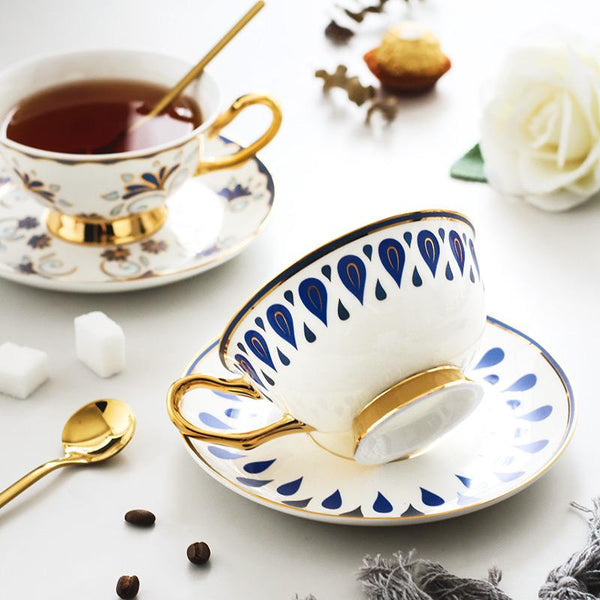 Tea Cups and Saucers, Coffee Cups with Gold Trim and Gift Box, British Tea Cups, Porcelain Coffee Cups, Latte Coffee Cups-Art Painting Canvas