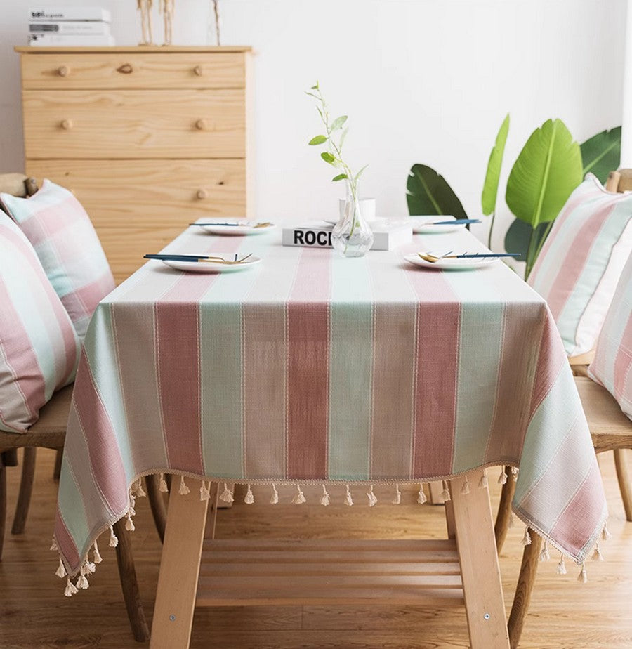 Rectangular Tablecloth for Oval Table, Rectangular Table Covers for Coffee Table, Pink Stripe Cotton and Linen Tablecloths, Modern Table Cloths for Dining Room-Art Painting Canvas