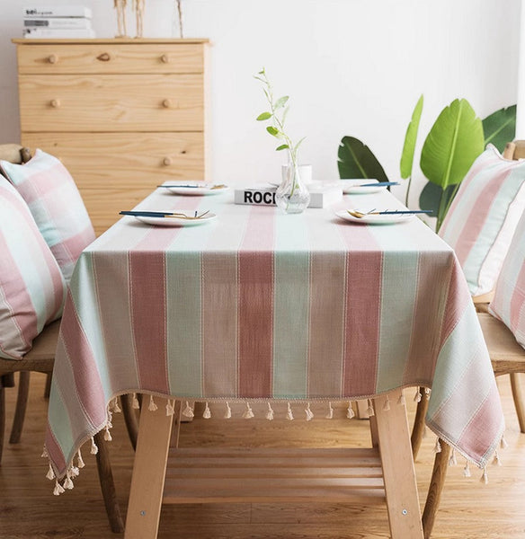 Rectangular Tablecloth for Oval Table, Rectangular Table Covers for Coffee Table, Pink Stripe Cotton and Linen Tablecloths, Modern Table Cloths for Dining Room-Art Painting Canvas