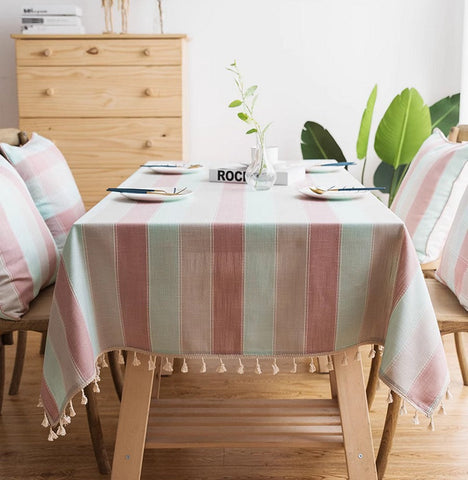 Rectangular Tablecloth for Oval Table, Rectangular Table Covers for Coffee Table, Pink Stripe Cotton and Linen Tablecloths, Modern Table Cloths for Dining Room-Art Painting Canvas