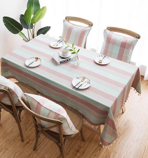 Rectangular Tablecloth for Oval Table, Rectangular Table Covers for Coffee Table, Pink Stripe Cotton and Linen Tablecloths, Modern Table Cloths for Dining Room-Art Painting Canvas