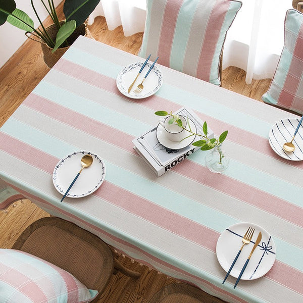 Rectangular Tablecloth for Oval Table, Rectangular Table Covers for Coffee Table, Pink Stripe Cotton and Linen Tablecloths, Modern Table Cloths for Dining Room-Art Painting Canvas