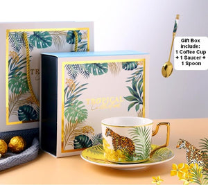 Coffee Cups with Gold Trim and Gift Box, Jungle Leopard Pattern Porcelain Coffee Cups, Tea Cups and Saucers-Art Painting Canvas