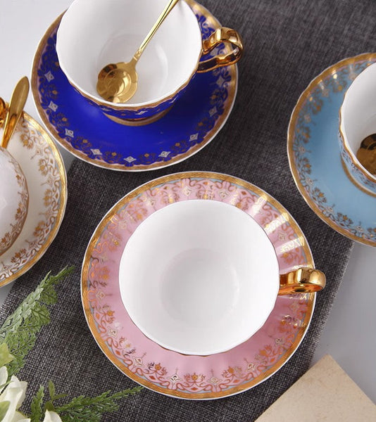 Pink Blue White Porcelain Tea Cup Saucer Set, Unique British Tea Cup and Saucer in Gift Box, Elegant British Ceramic Coffee Cups for Traditional Afternoon Tea-Art Painting Canvas