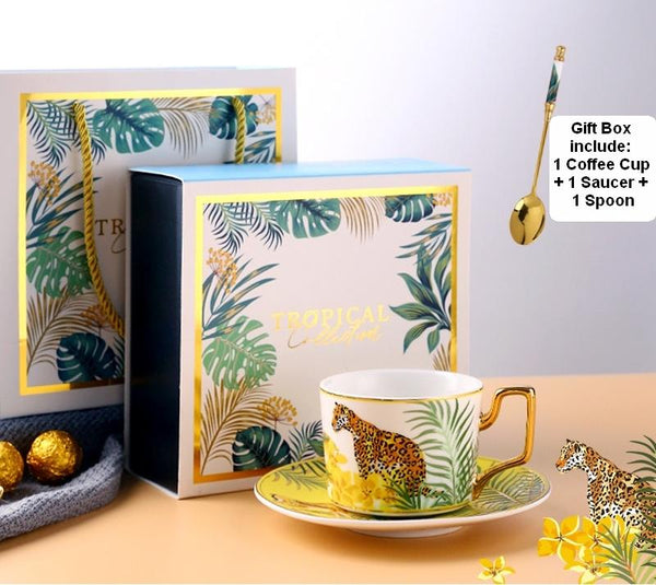 Elegant Tea Cup and Saucer, Jungle Toucan Pattern Porcelain Coffee Cups, 7.4 oz Coffee Cups with Gold Trim and Gift Box-Art Painting Canvas