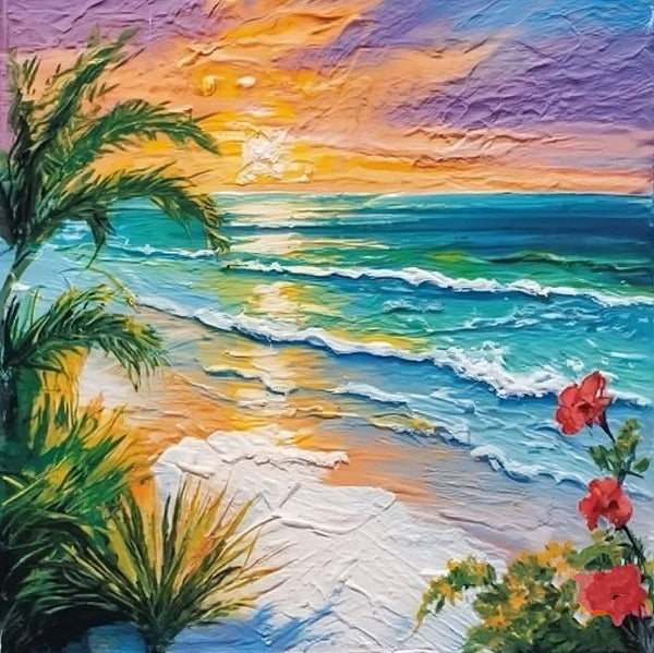 Heavy Texture Canvas Art, Small Palette Knife Oil Paintings, Original Small Landscape Paintings, Florida Seashore Beach Flower Painting, Easy Landscape Painting Ideas, Simple Small Canvas Paintings-Art Painting Canvas