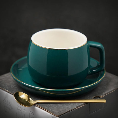 Ceramic Cup, Round Coffee Cup and Saucer Set, Green Coffee Cup, Back Coffee Mug, White Coffee Cups, Tea Cup