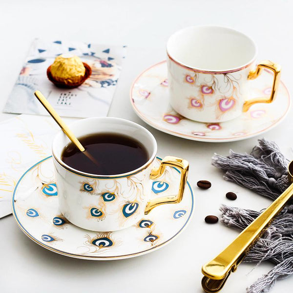 British Tea Cups, Coffee Cups with Gold Trim and Gift Box, Peacock Tail Pattern Porcelain Coffee Cups, Tea Cup and Saucer-Art Painting Canvas
