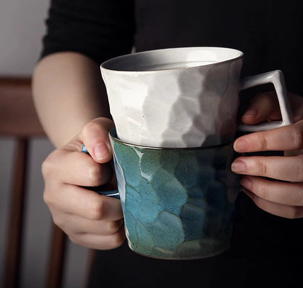 Large Capacity Coffee Cups, Modern Handmade Pottery Coffee Cup, Large Unique Tea Cup, Creative Brown White Black Blue Ceramic Coffee Mugs-Art Painting Canvas