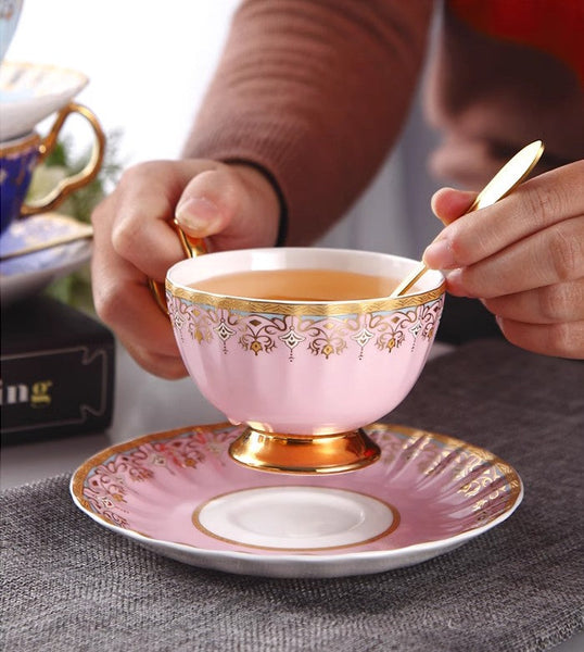 Pink Blue White Porcelain Tea Cup Saucer Set, Unique British Tea Cup and Saucer in Gift Box, Elegant British Ceramic Coffee Cups for Traditional Afternoon Tea-Art Painting Canvas