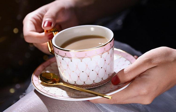 Latte Coffee Cups with Gold Trim and Gift Box, British Tea Cups, Elegant Porcelain Coffee Cups, Tea Cup and Saucer-Art Painting Canvas