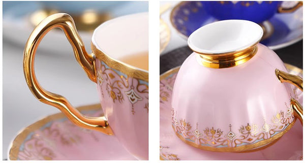 Pink Blue White Porcelain Tea Cup Saucer Set, Unique British Tea Cup and Saucer in Gift Box, Elegant British Ceramic Coffee Cups for Traditional Afternoon Tea-Art Painting Canvas
