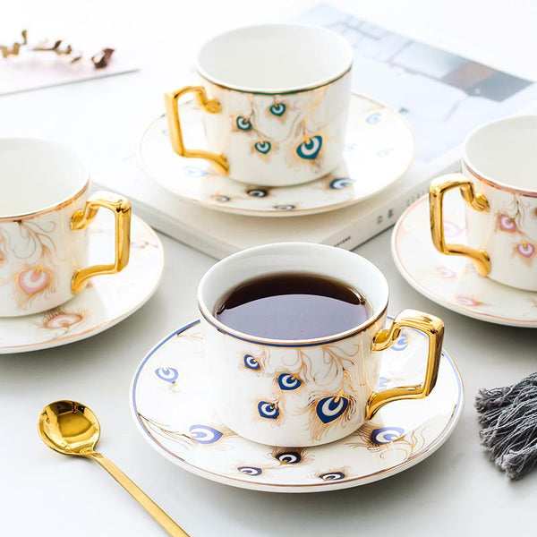 Peacock Tail Pattern Porcelain Coffee Cups, British Tea Cups, Coffee Cups with Gold Trim and Gift Box, Tea Cup and Saucer-Art Painting Canvas
