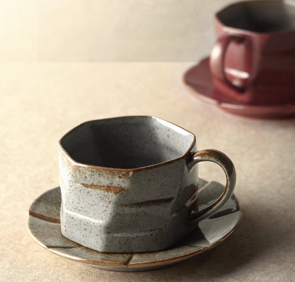 Modern Handmade Pottery Coffee Cup, 8 oz Ceramic Coffee Cup with Saucer, Unique Tea Cup and Saucer, Tea Cup Set for Traditional Afternoon Tea-Art Painting Canvas